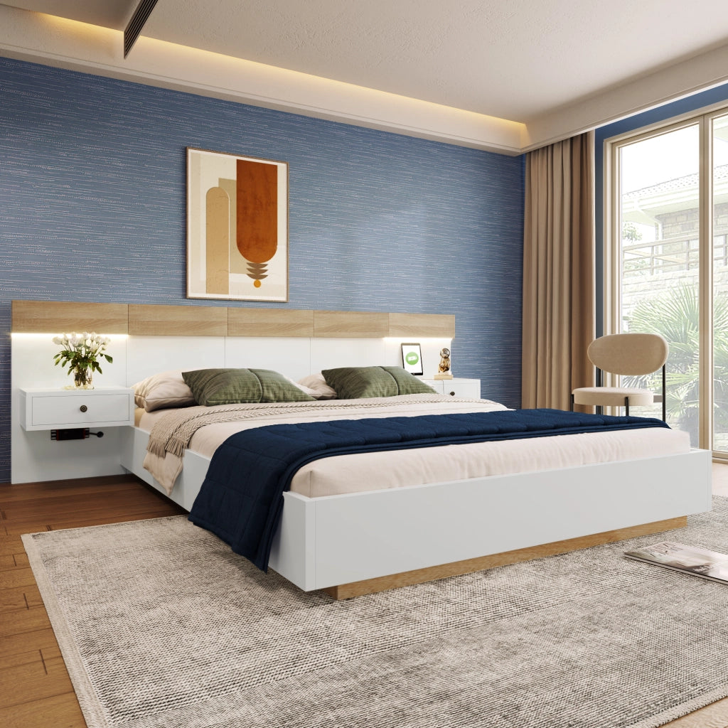 LETTO 140x200 cm con 2 comodini LED, USB/Tipo C, Bianco e Rovere Sonoma
