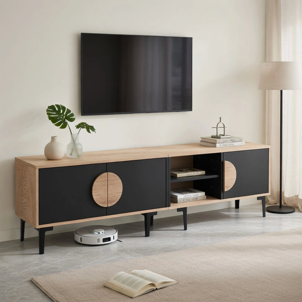 Lowboard TV 180 cm nero e rovere in truciolare