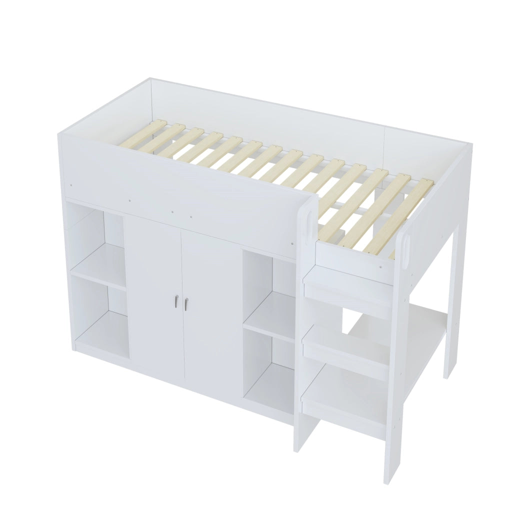 Hochbett 90x200 cm con scaffali, armadio e scala, bianco/grigio