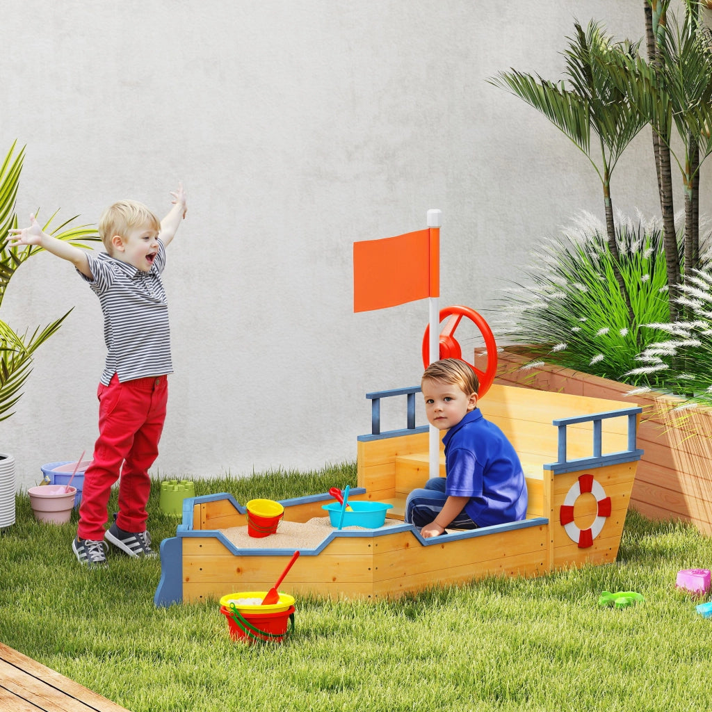 Arenero per Bambini in Legno con Bandiera e Timone ¨C zephmum ¨C Naturale 158x78x45,5 cm