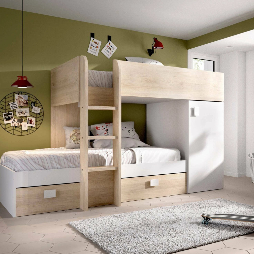 Letto per bambini Pax, Cameretta completa con armadio e cassetti, Composizione letto a castello con due lettini singoli, 255x112h150 cm, Bianco e Rovere
