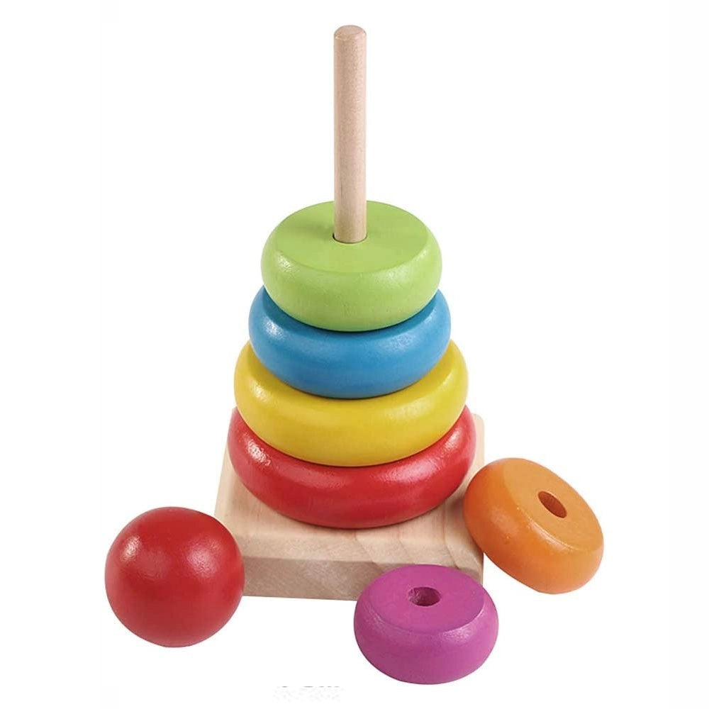 Trade Shop - Torre Arcobaleno Gioco In Legno Piramide Anelli Impilabili Montessori 20x9 Cm -