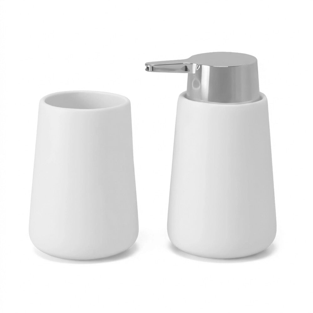 Set accessori bagno con dispenser e portaspazzolini bianco e cromo design tondo Sidney