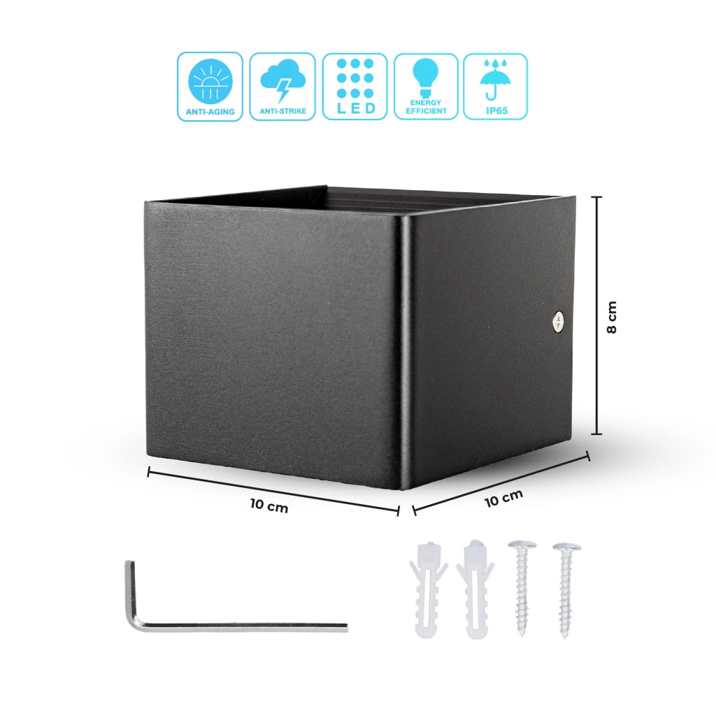 Set 2 Pezzi Applique LED da Parete 2 LED Design Quadrato IP65 Interno/Esterno Luce Naturale o Fredda Nero o Bianco Luce Fredda - Nero