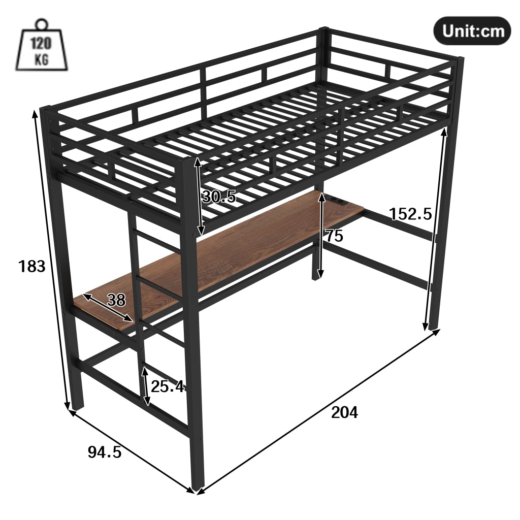 Letto a Soppalco con LED e USB ¨C MINIMAL ¨C Metallo Nero 90x200 cm