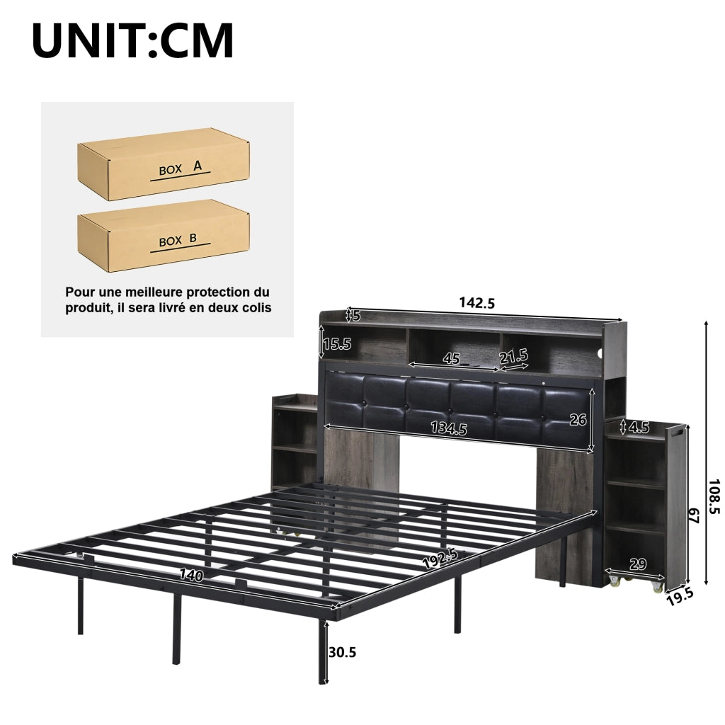 Letto matrimoniale 140x190 grigio con doghe 2 comodini estraibili USB/Type-C LED