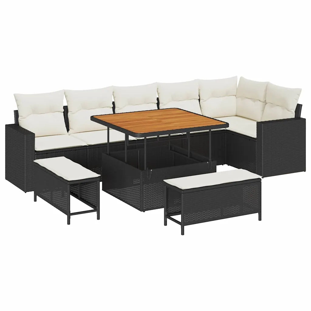 Set Divano da Giardino 11 pcs Nero e Crema polyrattan