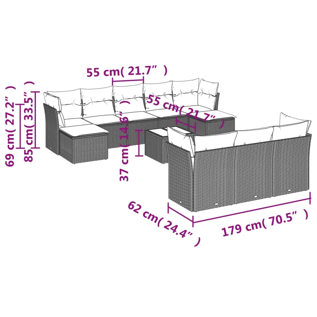 Set Divani da Giardino 11 pz con Cuscini Beige in Polyrattan 3250178