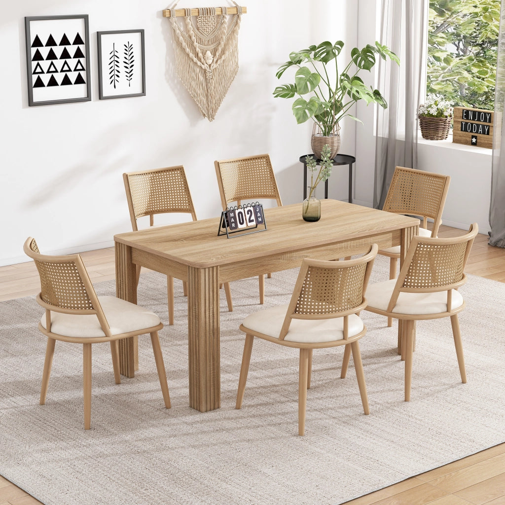 Set di 6 sedie da pranzo in rattan con seduta in PU per soggiorno e sala da pranzo - beige