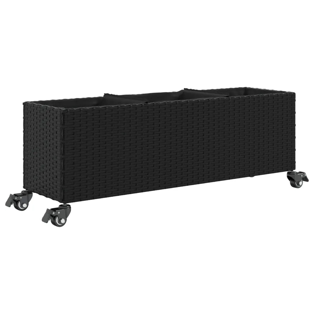 Fioriera con Ruote e 3 Vasi Nera 107x32x38 cm in Polyrattan 366419