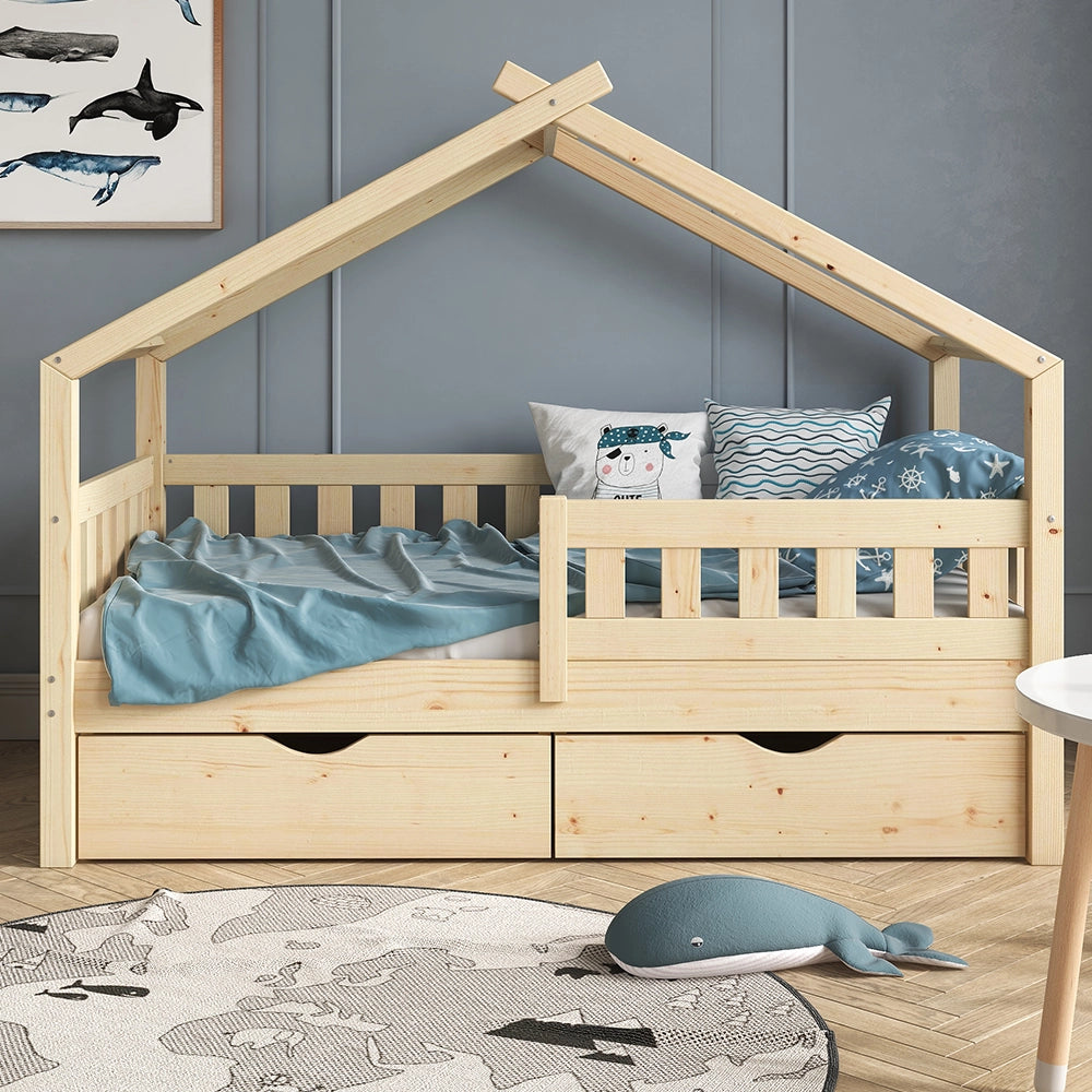 Vitalispa Letto montessori bambini Legno naturale 80x160 cm con 2 cassetti