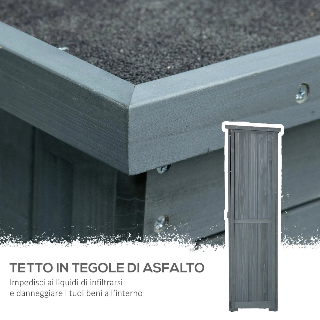 Armadio da Esterno in Legno con 2 Porte a Persiana e Ripiani Interni, 87x46.5x160 cm, Grigio