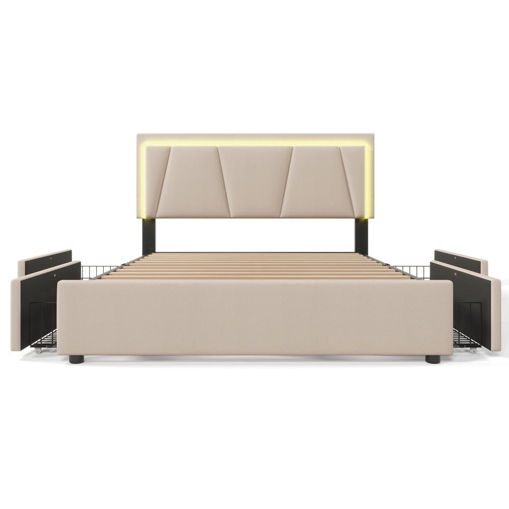 Letto Imbottito con LED e Contenitore ¨C MINIMAL ¨C Beige, 140x200, Testiera Regolabile, con Materasso