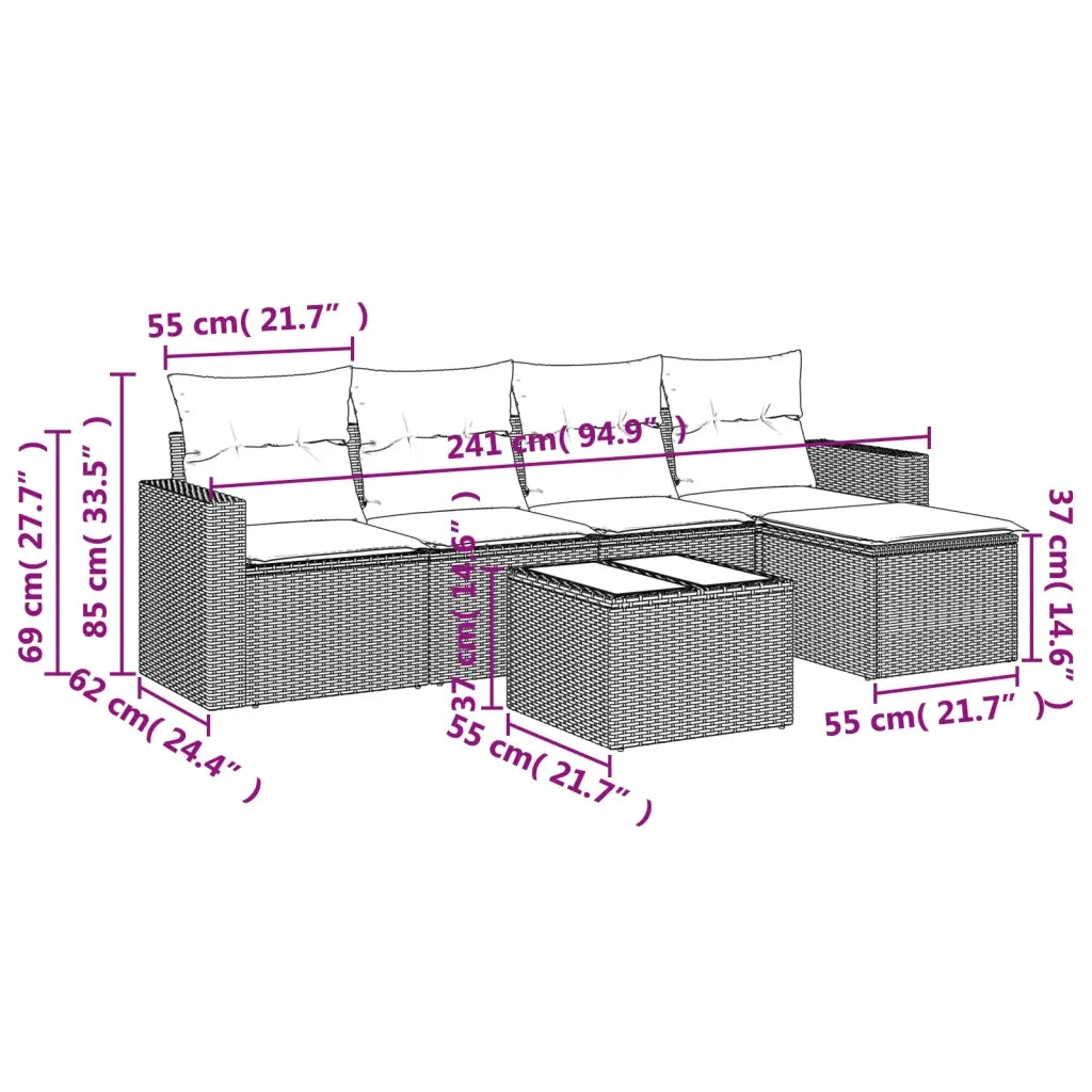 Set Divano da Giardino 6 pz con Cuscini Grigio in Polyrattan