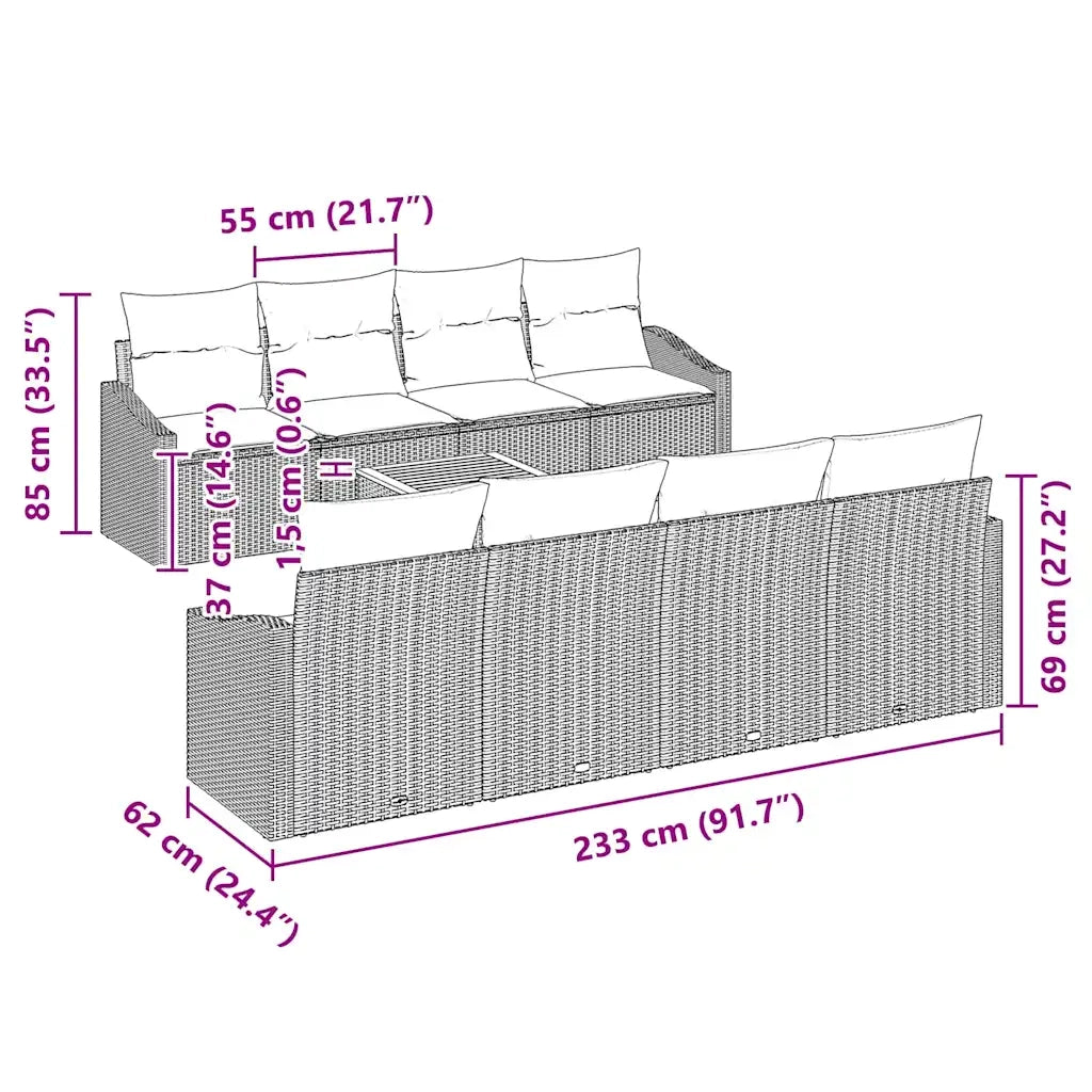 Set Divano da Giardino con cuscino 9 pcs Beige polyrattan 3347805