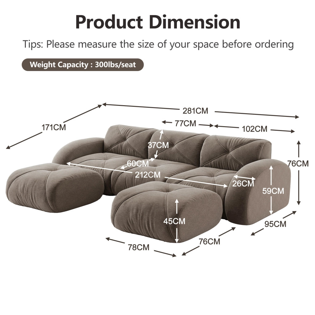Sof¨¤ modulare a forma di U - Zephmum- 3 posti con 2 pouf, tessuto comodo, antiscivolo, marrone