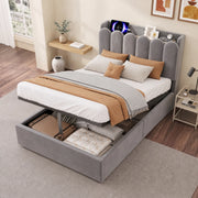 LETTO Contenitore 90x200 cm in velluto grigio con rete a doghe, USB e luce
