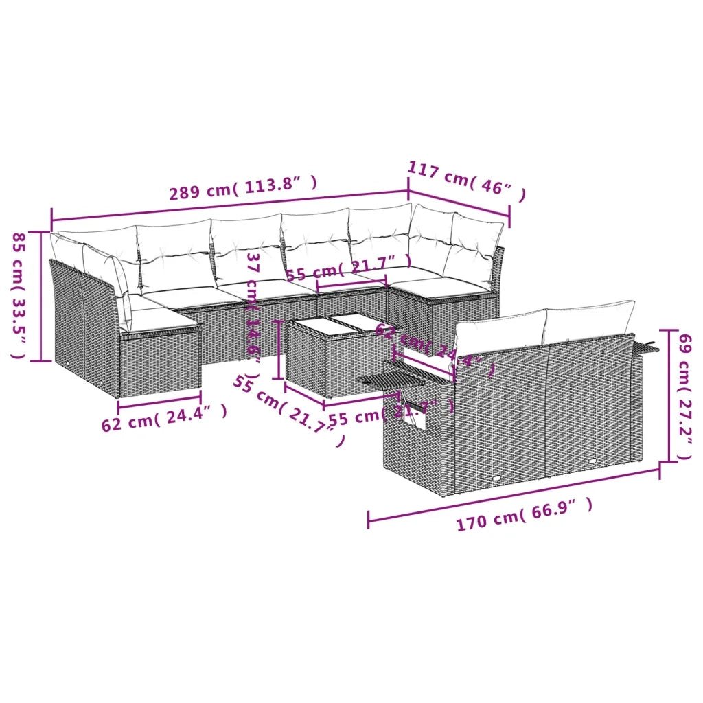 Set Divano da Giardino 10 pz con Cuscini Beige in Polyrattan 3220628