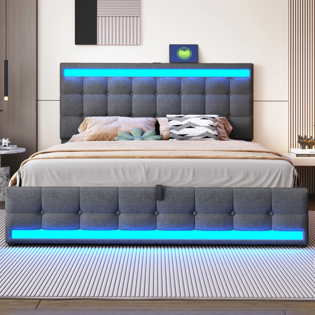 LETTO imbottito 180x200 cm grigio con LED RGB e porte USB