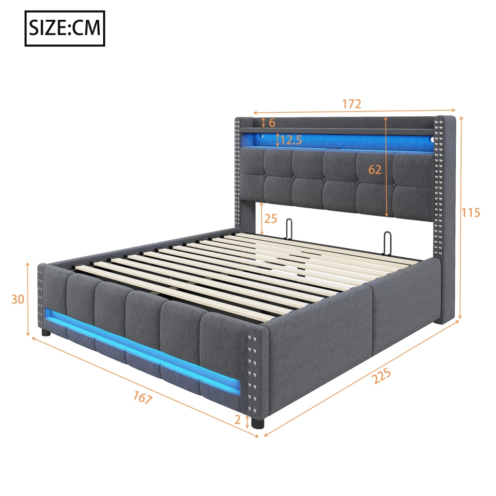 LETTO imbottito 160x200 cm grigio con LED, USB e contenitore