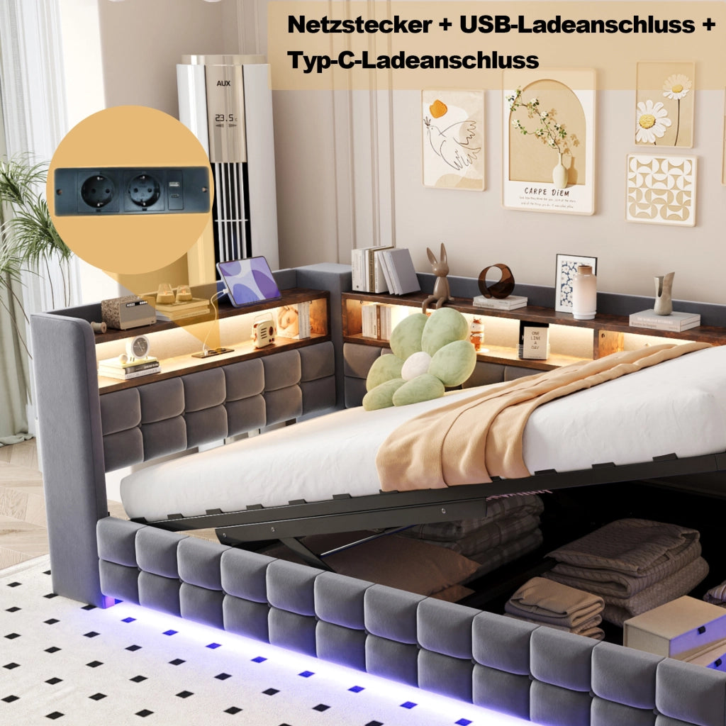 DIVANO LETTO 90x200 cm in velluto grigio con LED, prese USB e vano contenitore