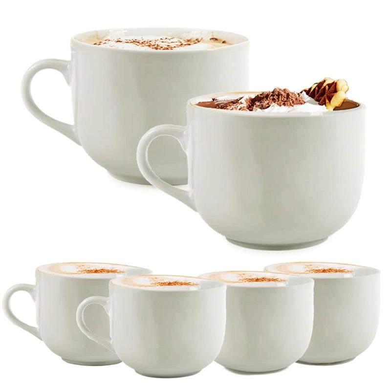 SET 6 TAZZE BIANCHE IN CERAMICA 450 ML PER COLAZIONE CON MANICO PER CASA E HOTEL PER CAPPUCCINO, CAFFE', GELATO E FRUTTA