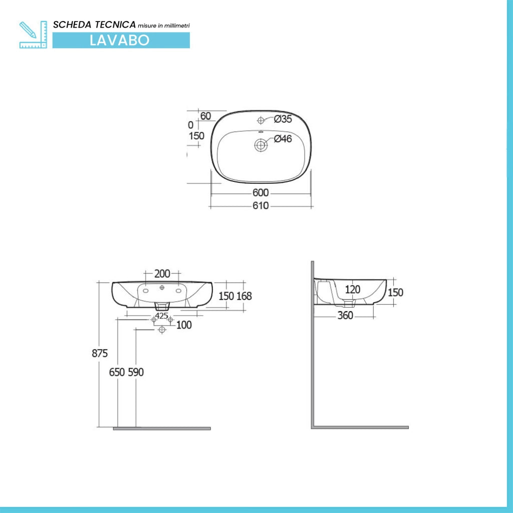Lavabo ovale 60 cm d’appoggio bianco in ceramica Rak Illusion