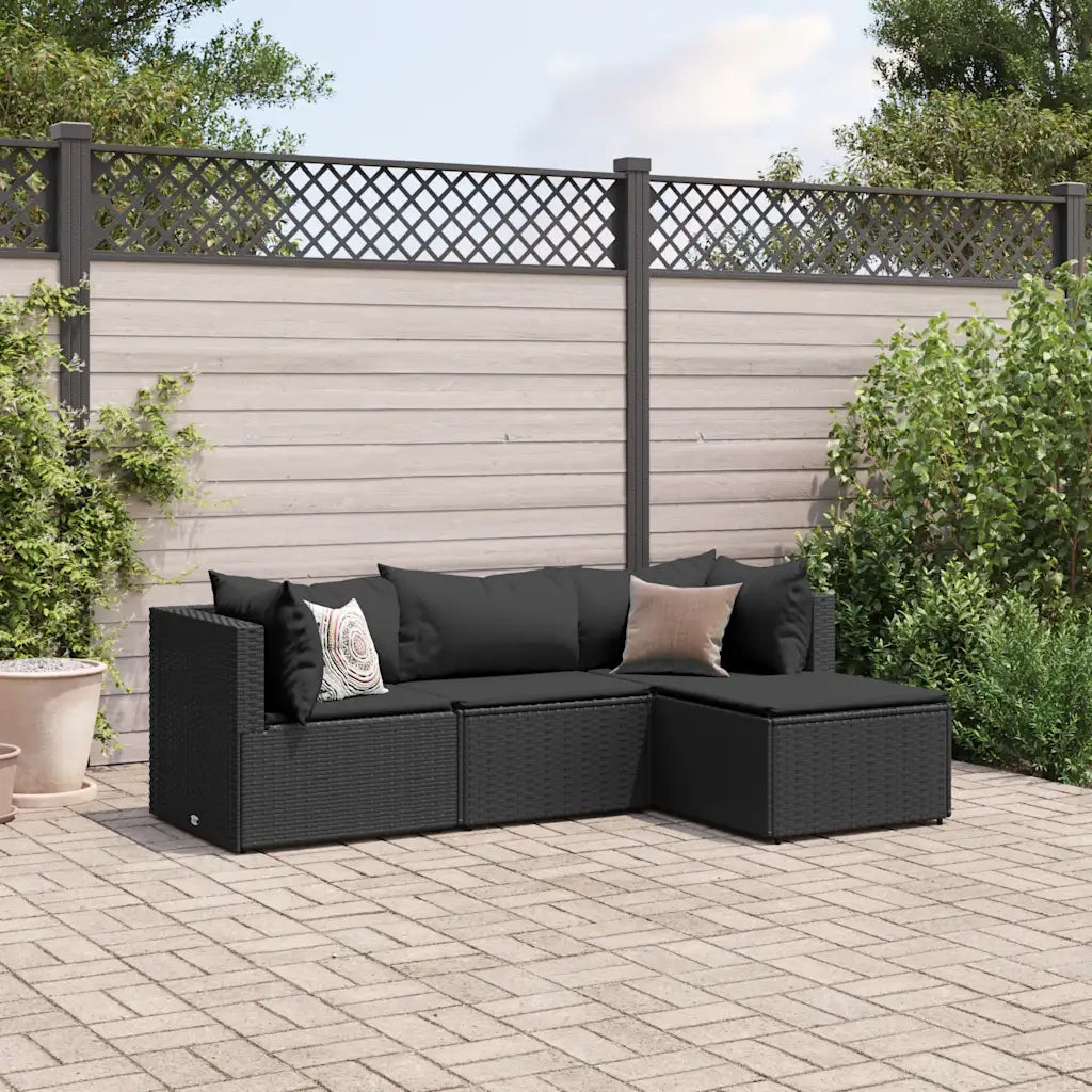 Set Divani da Giardino 4 pz con Cuscini Nero in Polyrattan