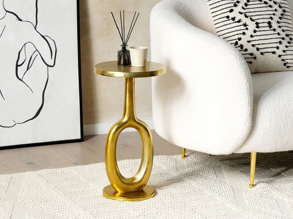 Tavolino in metallo dorato con piano in alluminio, design retrò, arredamento per la casa ⌀ 29 cm