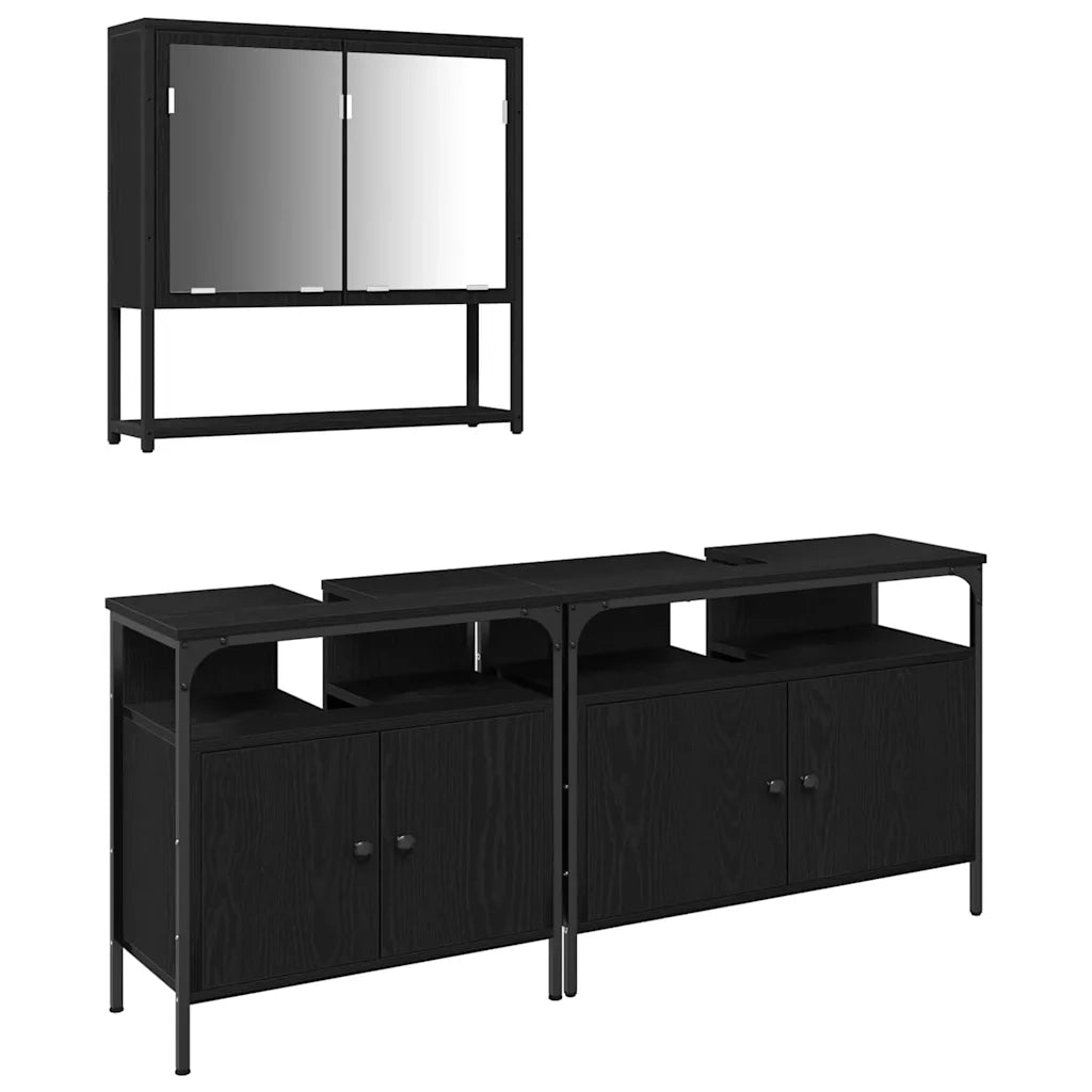 Set di mobili per il Bagno | Armadio da bagno 3 pz Nero Legno multistrato