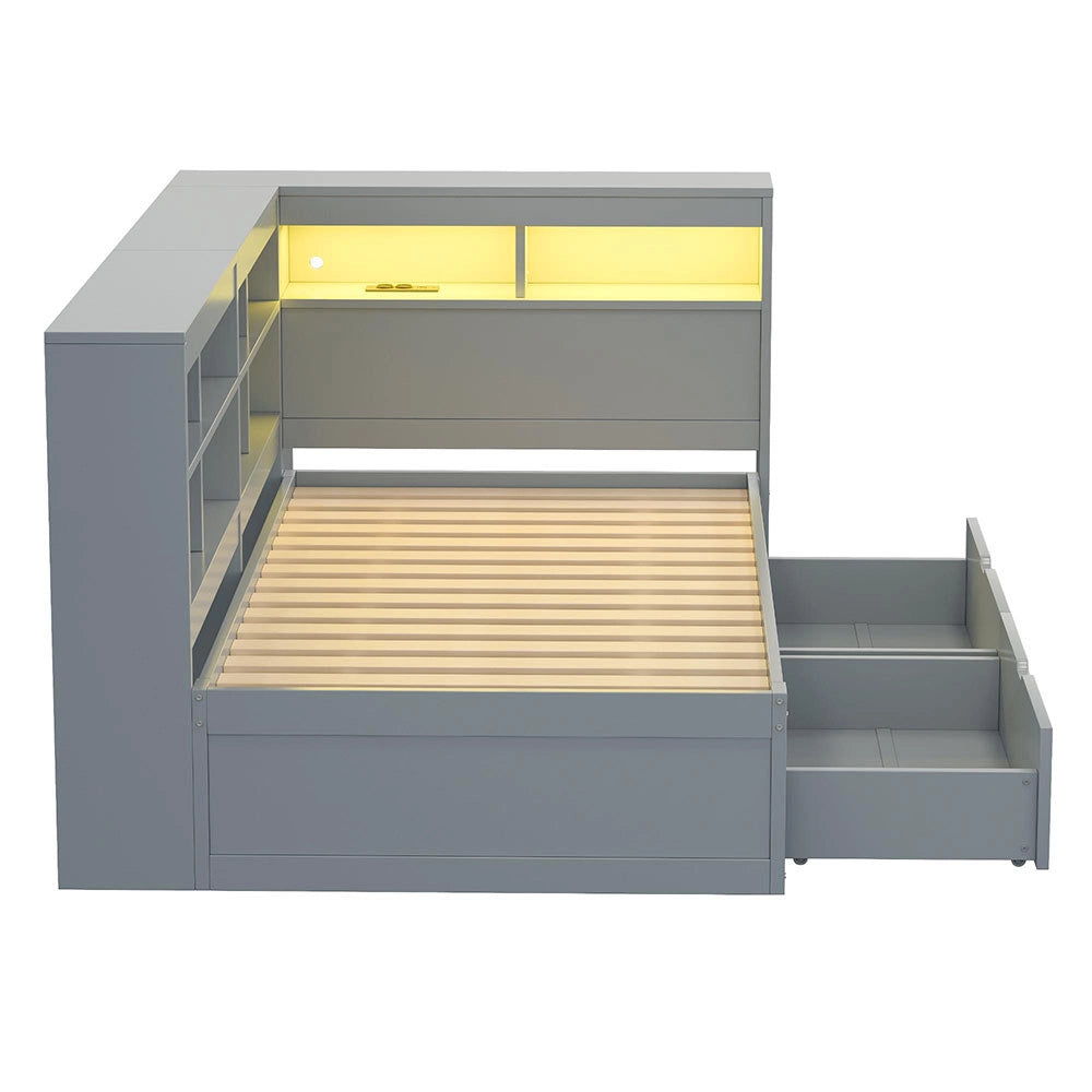 Divano letto legno 90x200cm - Xylo - grigio, USB/LED, ripiani, spazio