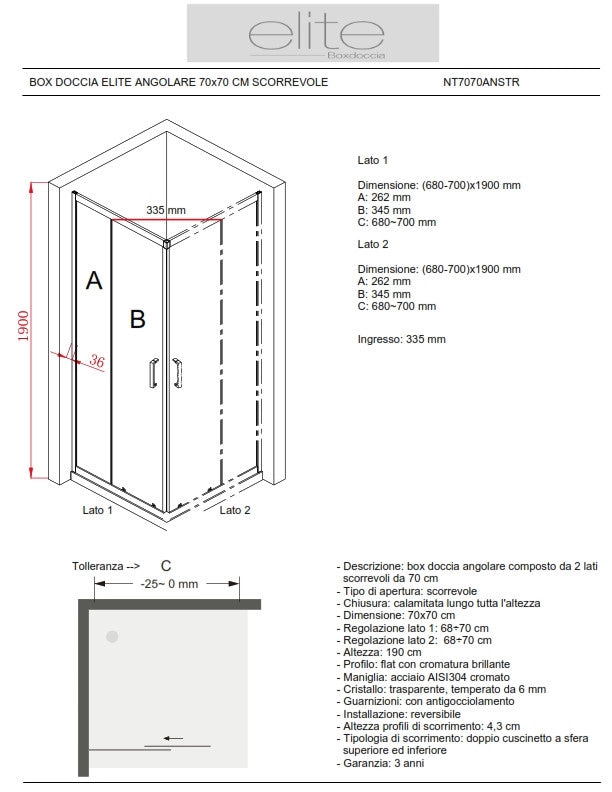 BOX DOCCIA ELITE ANGOLARE 70x70 CM SCORREVOLE TRASPARENTE