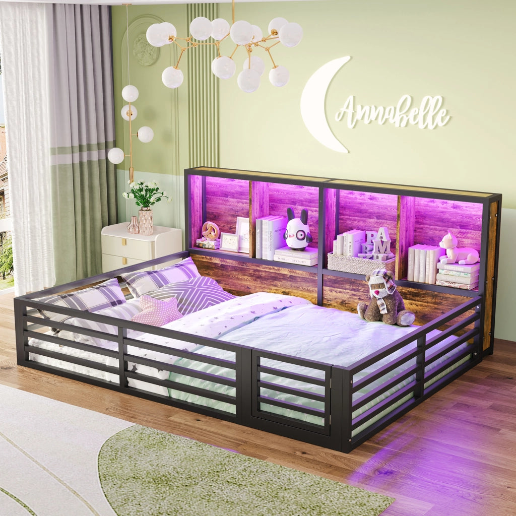 LETTO a sponde 140x200 cm Nero in Metallo e MDF con LED