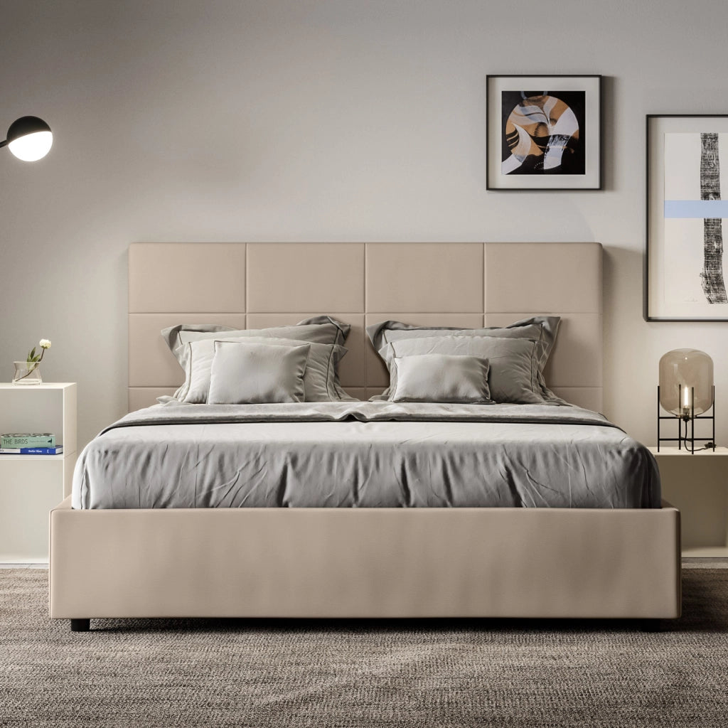 BS COM Letto matrimoniale francese con rete imbottito 140x210 similpelle tortora