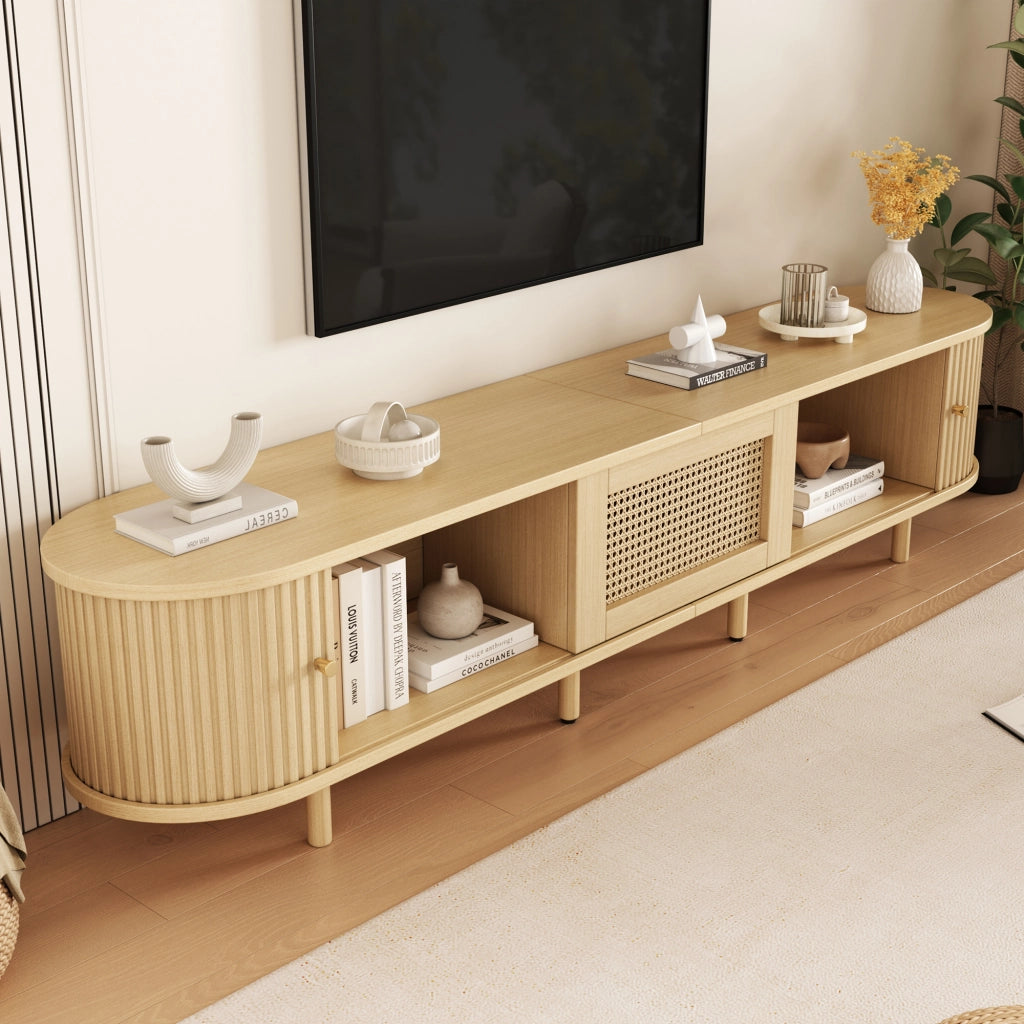 Mobile TV con 2 ante scorrevoli; cassetto e piano ovale in MDF naturale per soggiorno 180 × 40 × 40 cm