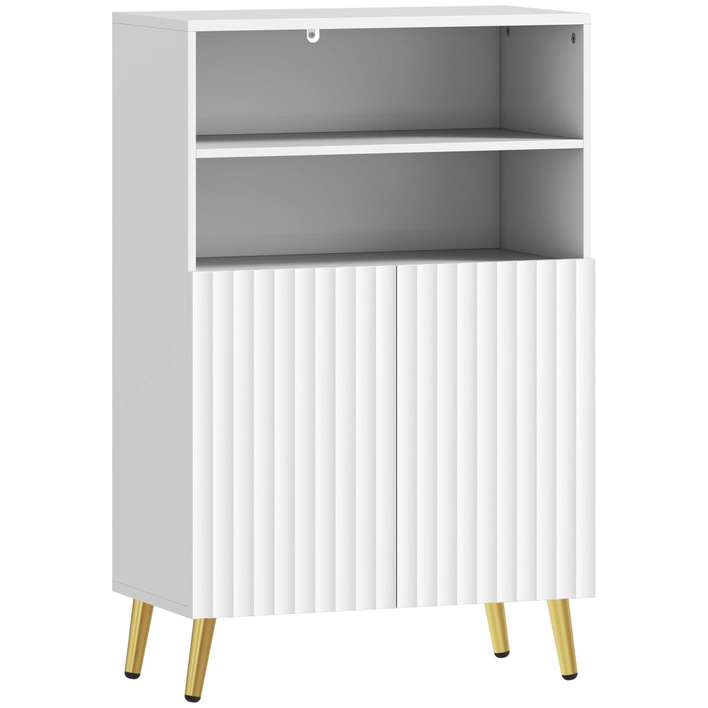 Mobiletto Bagno Moderno 60x31,8x93 cm con 2 Ripiani Aperti e Armadietto con Ante Ammortizzate in MDF Bianco