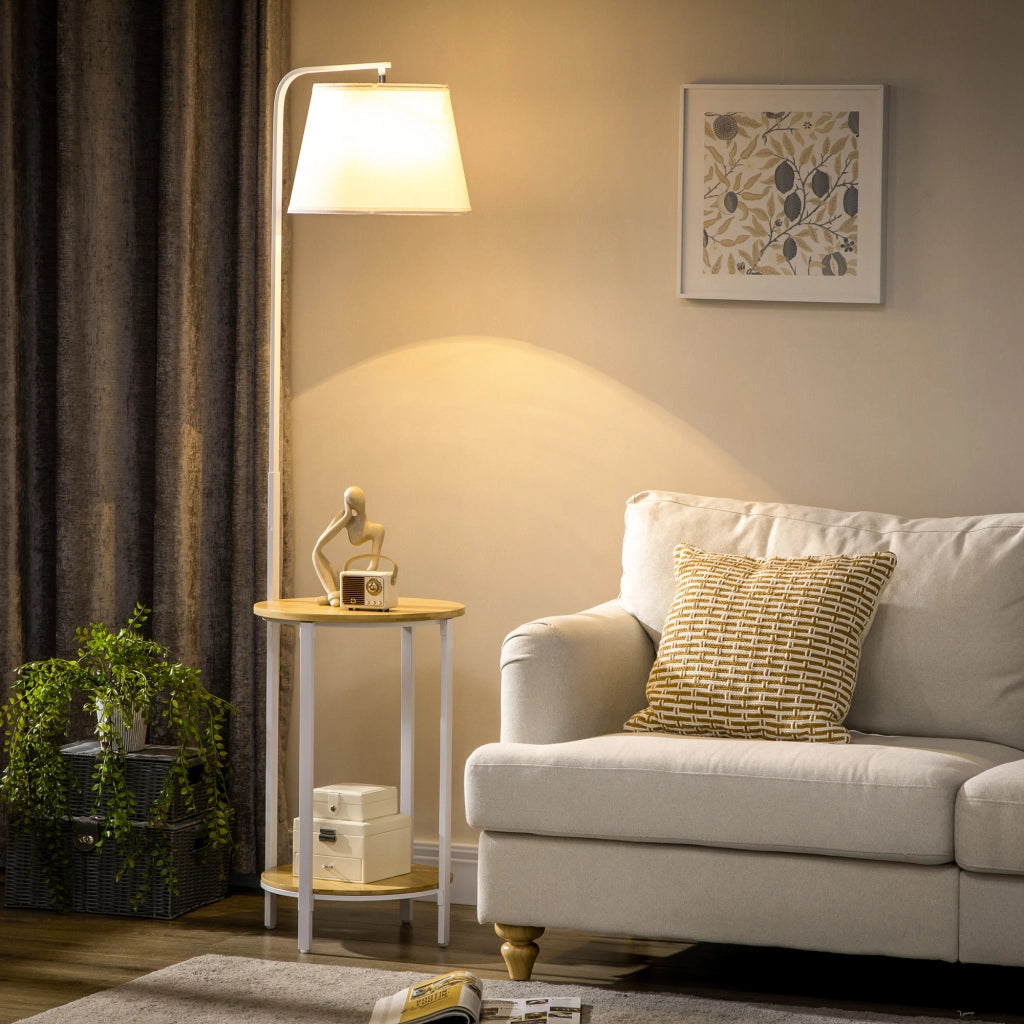 Lampada da terra con 2 ripiani ¨C Xylo ¨C Legno naturale e bianco, interruttore a pedale, E27 40W