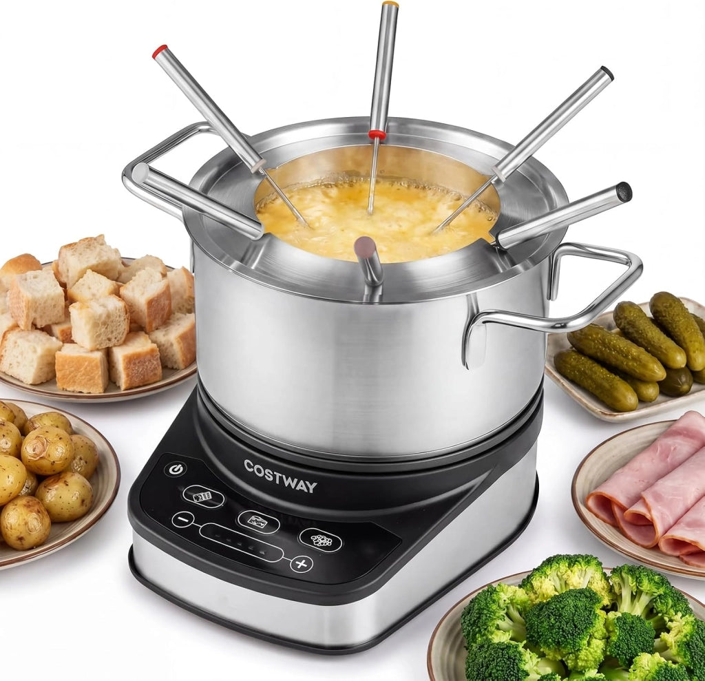 Set Fonduta Elettrica 3L con Pentola Antiaderente in Acciaio Inox
Fondue per Formaggio, Bourguignonne e Cioccolato con 6 Forchette, Paraspruzzi, Temperatura Regolabile, Rimovibile e Lavabile
