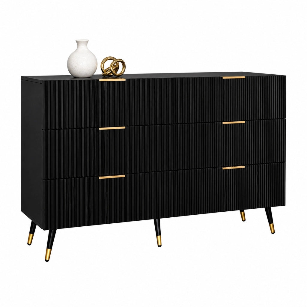Credenza moderna nera e oro con 6 cassetti, 120x40x77 cm, design minimalista