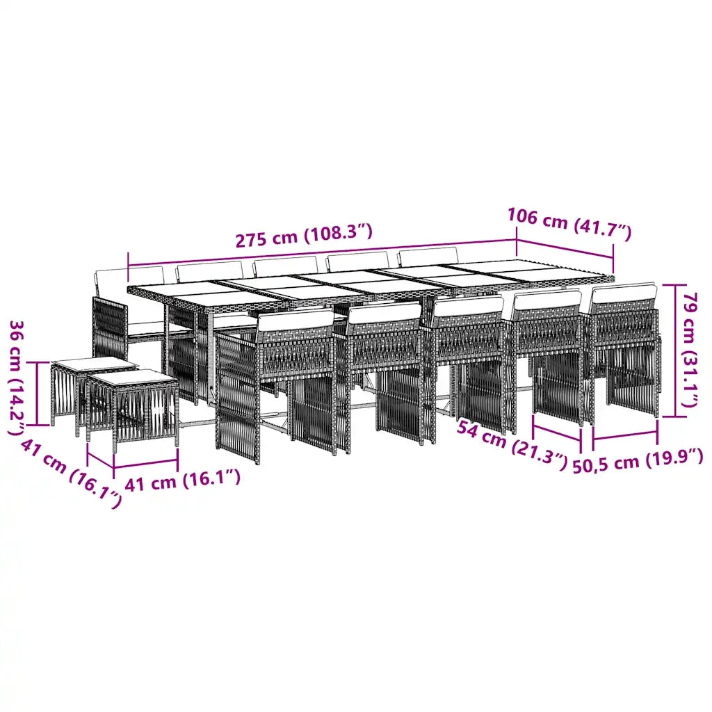 Set da Pranzo da Giardino 15 pz con Cuscini Nero in Polyrattan