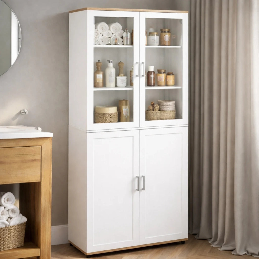 IDMarket - Mobiletto da bagno VITO a 4 ante, di cui 2 vetrate, bianco e legno