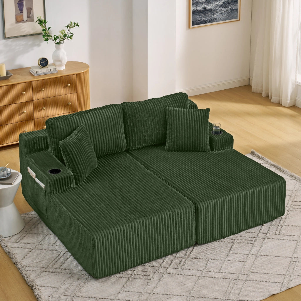Divano Letto 2 Posti Relax ¨C MINIMAL ¨C Verde, Tessuto a Coste, con Cuscini e Portabicchieri
