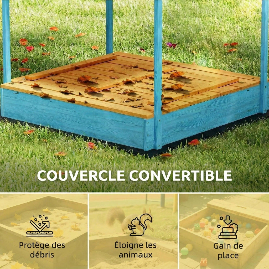 Bac ¨¤ sable in legno con coperchio e sedile pieghevole ¨C zephmum ¨C blu
