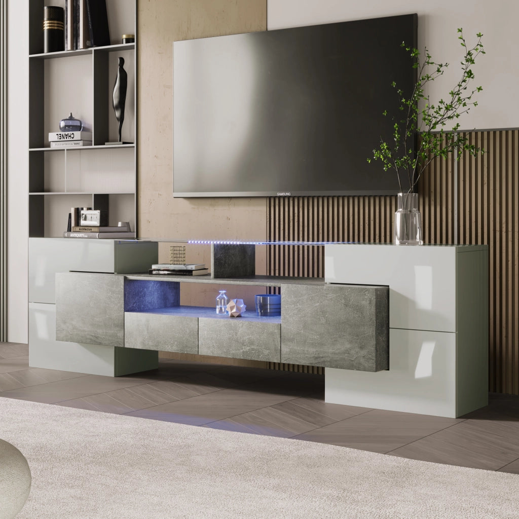 Mobile TV con 6 Ante; 2 Cassetti e LED Multicolore; Frontale Lucido; in MDF; 200¡Á35¡Á60 cm; Grigio