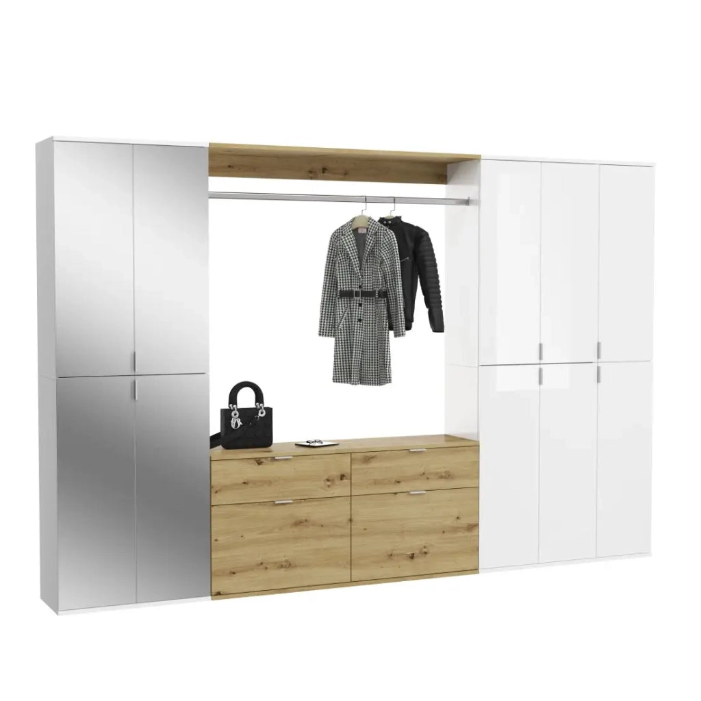 Armadio con 10 porte, 4 specchi, 4 cassetti e un appendiabiti – Bianco e rovere – BODITE