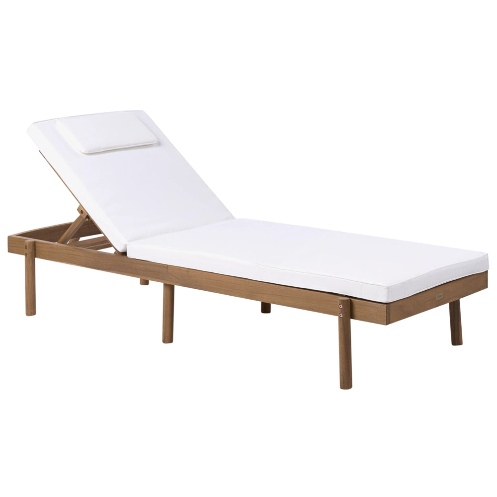 Sdraio marrone chiaro in legno di acacia certificato con cuscino bianco, seduta pieghevole, per giardino, patio e balcone