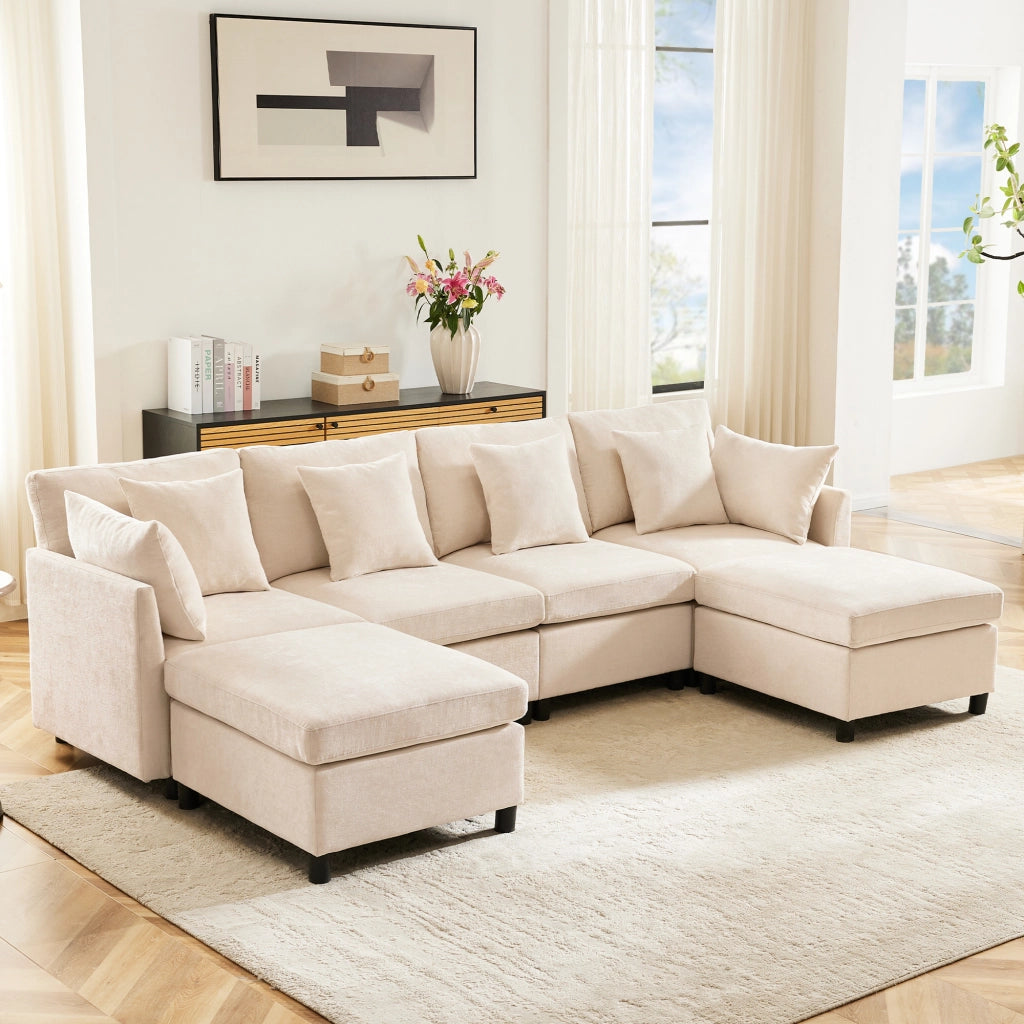 Divano modulare - Zephmum- Trasformabile in U e L, 2 pouf, 6 cuscini, tessuto chenille