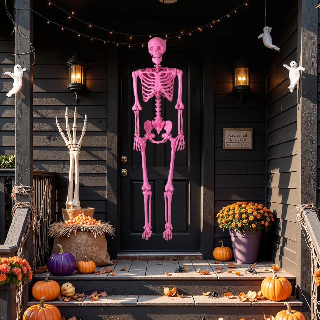 Scheletro di halloween da 160 cm, Scheletro a grandezza naturale con giunture mobili per decorazioni da cimitero Rosa