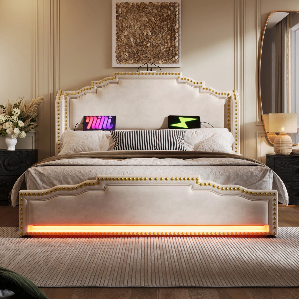 LETTO imbottito 160x200 cm in velluto beige con materasso incluso, LED e USB