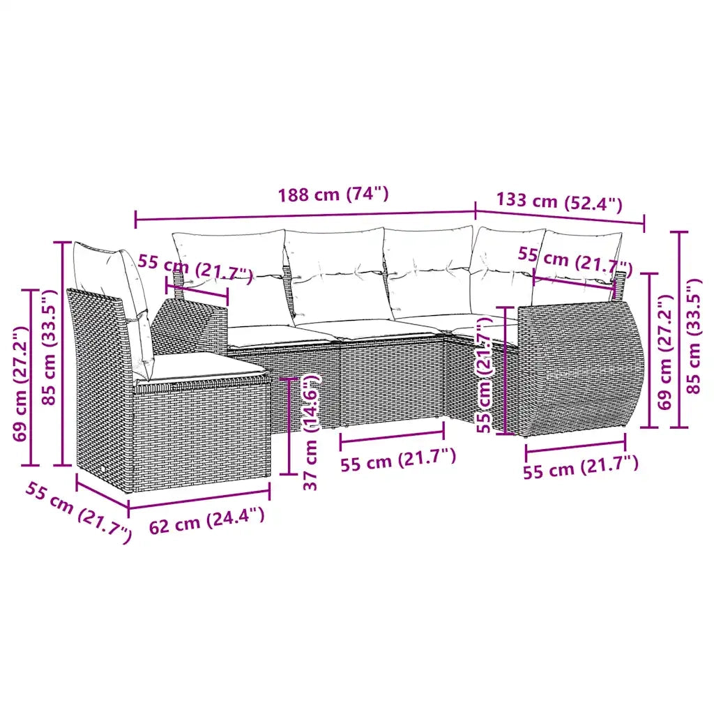 Set Divano da Giardino 5pz con Cuscini Grigio Chiaro Polyrattan 3221371